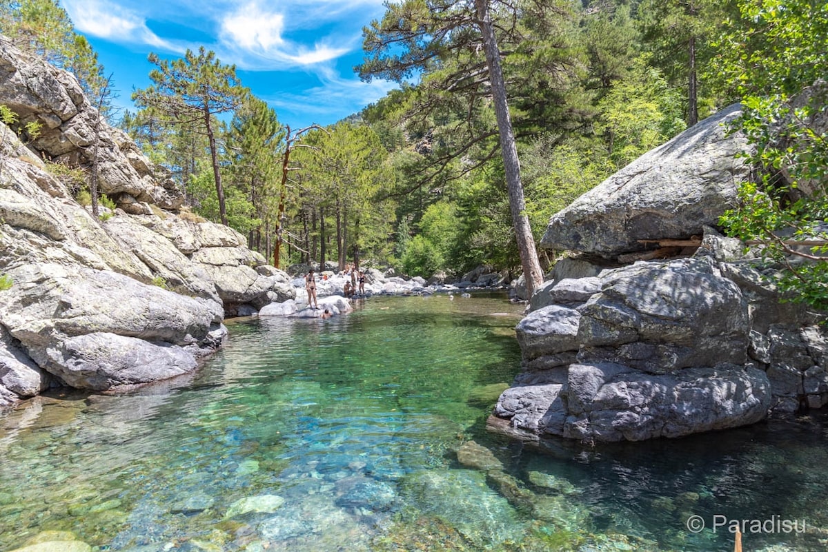 A natural swimming area is depicted, surrounded by large rocky formations and lush greenery. Crystal-clear water reflects the blue sky, and there are several tall trees in the background. Two individuals can be seen wading in the shallow water.