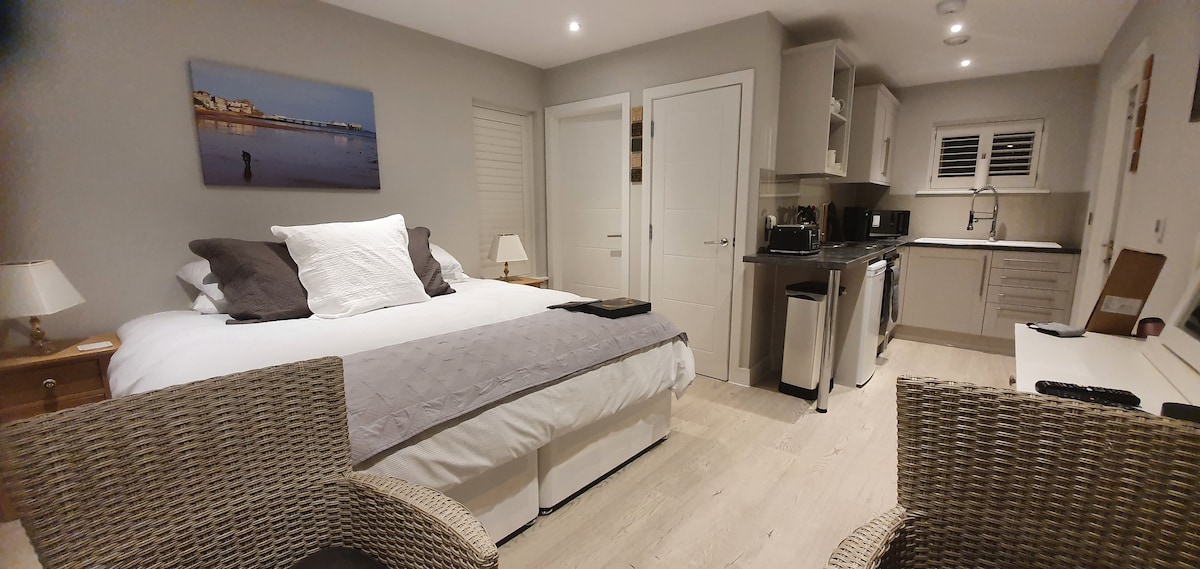 A modern studio space features a spacious bed with light bedding and dark throw pillows. Two wicker chairs are positioned in the foreground. A clean kitchenette with stainless steel appliances is visible in the background, along with a light wood floor and neutral wall tones.