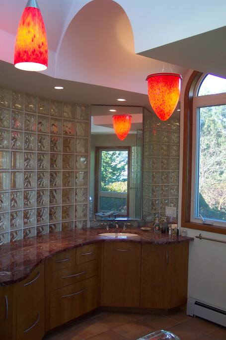 Master Suite Bath - Venetian Lights, Glass Block, OceanViews, Slab Pink Marble, Walk in Shower