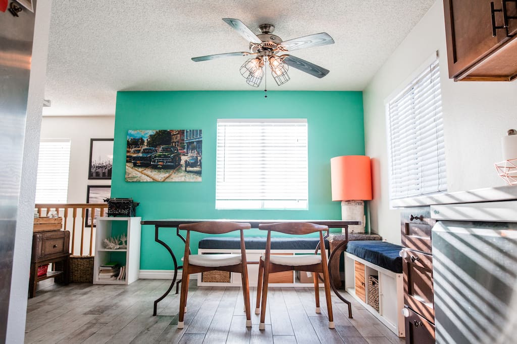 Plenty of seating at the dining room table.