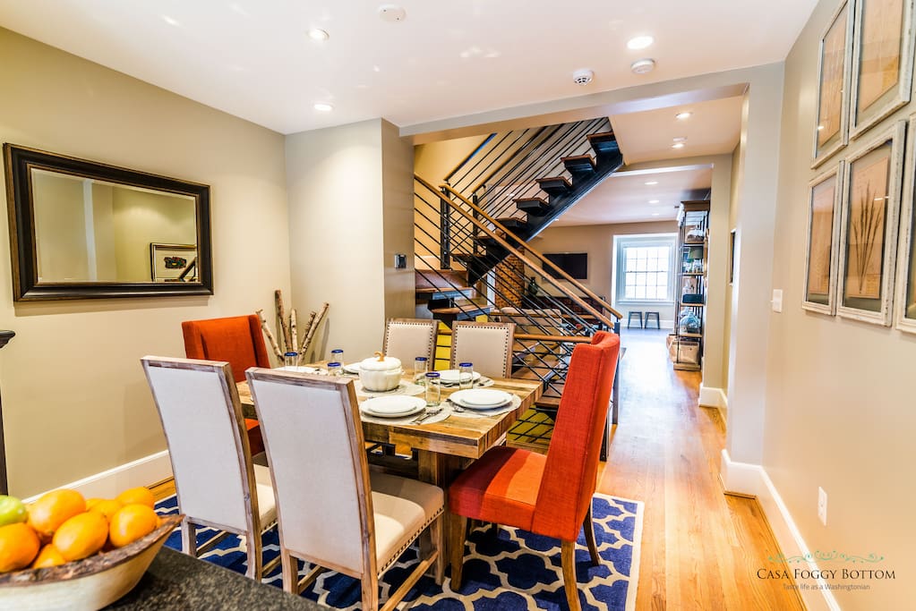 Dining set for 6, plus 2 if you use the benches from the living room.