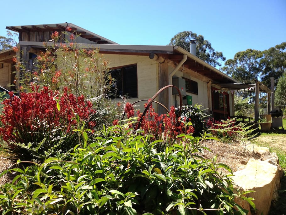 The outside of the Rammed Earth Studio attached to our home