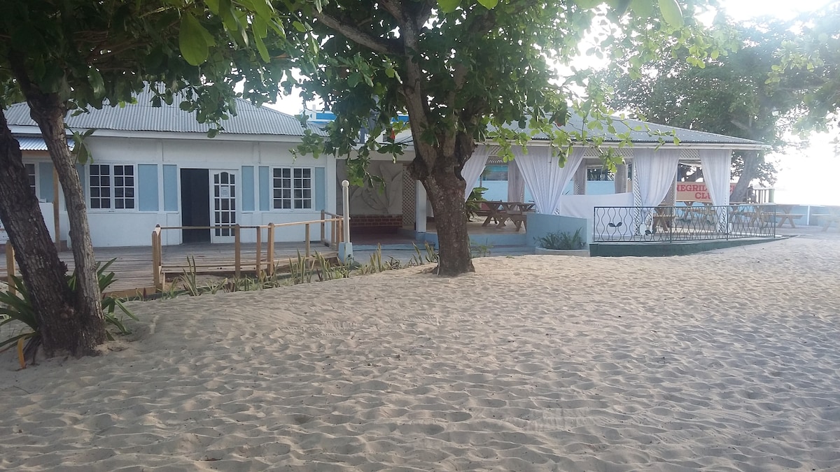 A sandy beachfront area leads to a well-appointed structure featuring white walls and blue accents. Shade is provided by surrounding trees. A seating area is visible under a covered patio, enhancing the outdoor space. The ocean can be glimpsed in the background.
