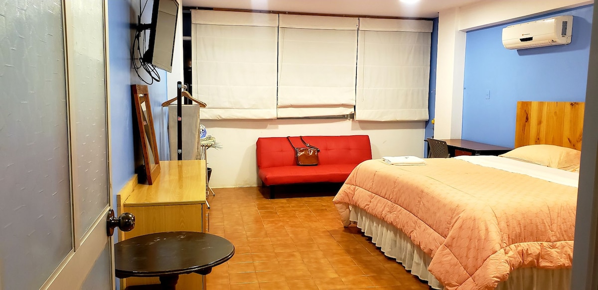 A spacious guest room is featured, showcasing a large bed with a soft pink coverlet and tan pillows. A red sofa is positioned against the wall, accompanied by a small table and a wooden dresser. Bright light enters through large, covered windows, creating a comfortable environment.