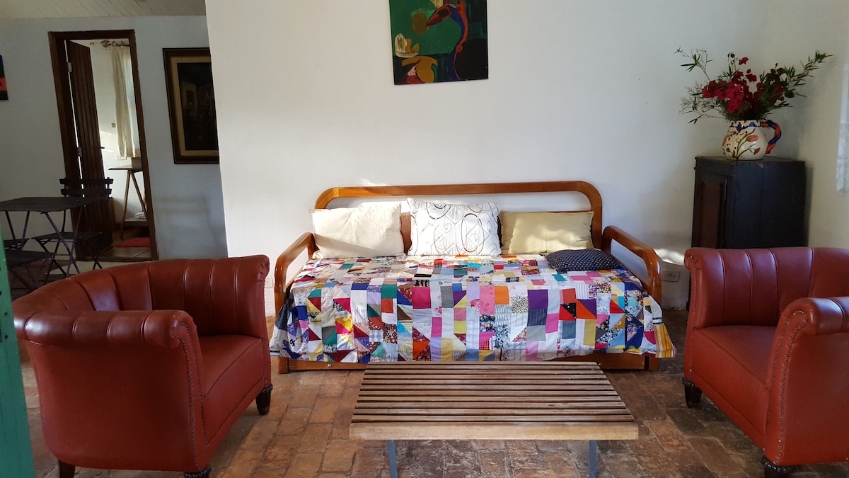 Mobilie në dhomën e ndenjjes me divan krevat dopio