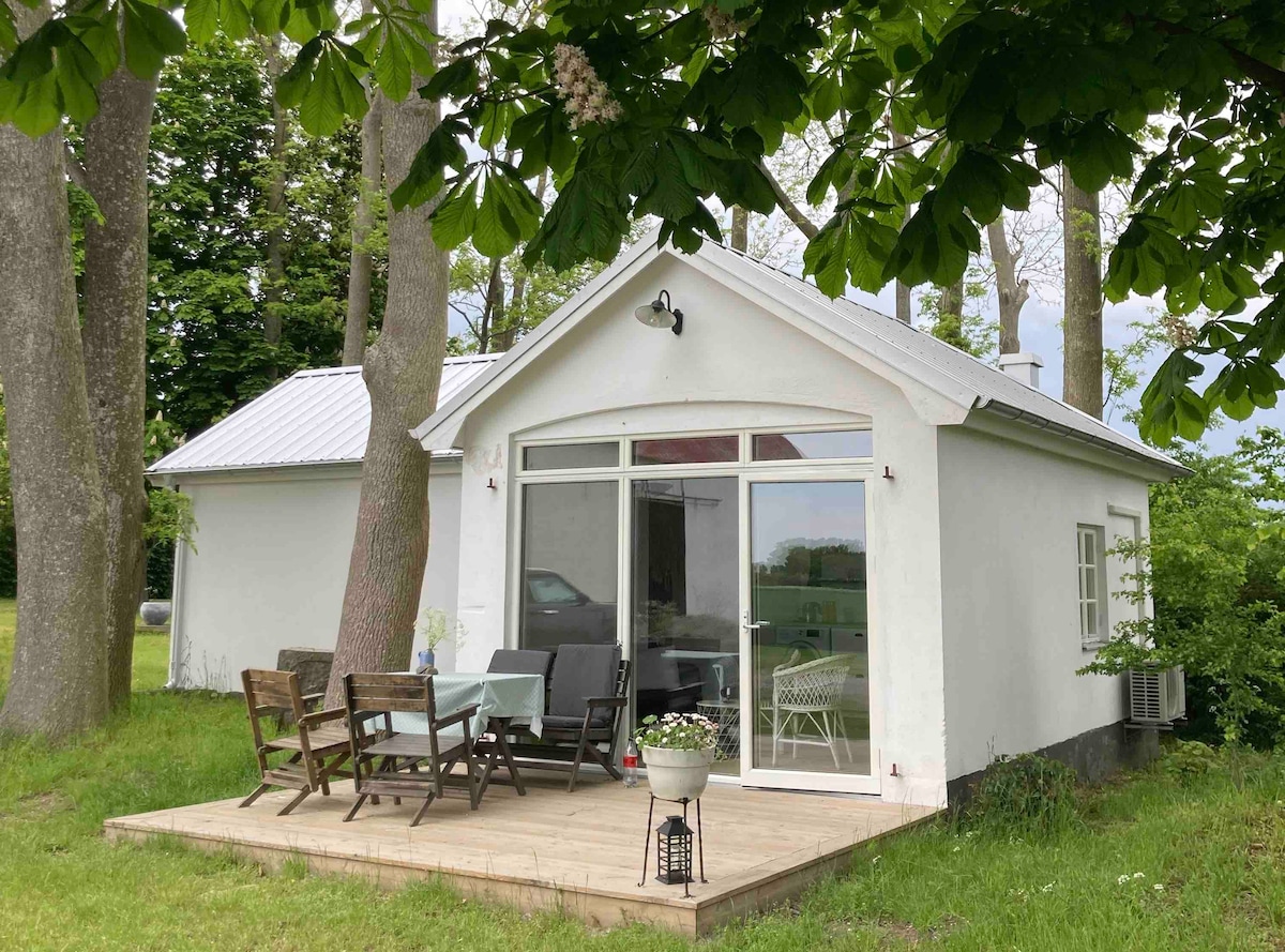 A quaint cottage is surrounded by trees, featuring a welcoming outdoor deck with a mix of wooden chairs and a table. Large glass doors provide views into the interior, while the white exterior reflects the natural setting.
