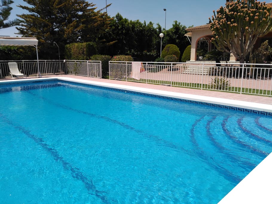 Gran piscina privada, cómodos escalones para entrar.