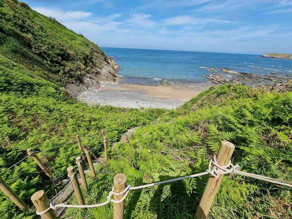 A coastal scene is presented, featuring a rocky beach framed by lush green vegetation. A pathway with wooden posts and ropes leads down to the sandy shore, where gentle waves lap at the beach under a clear blue sky.