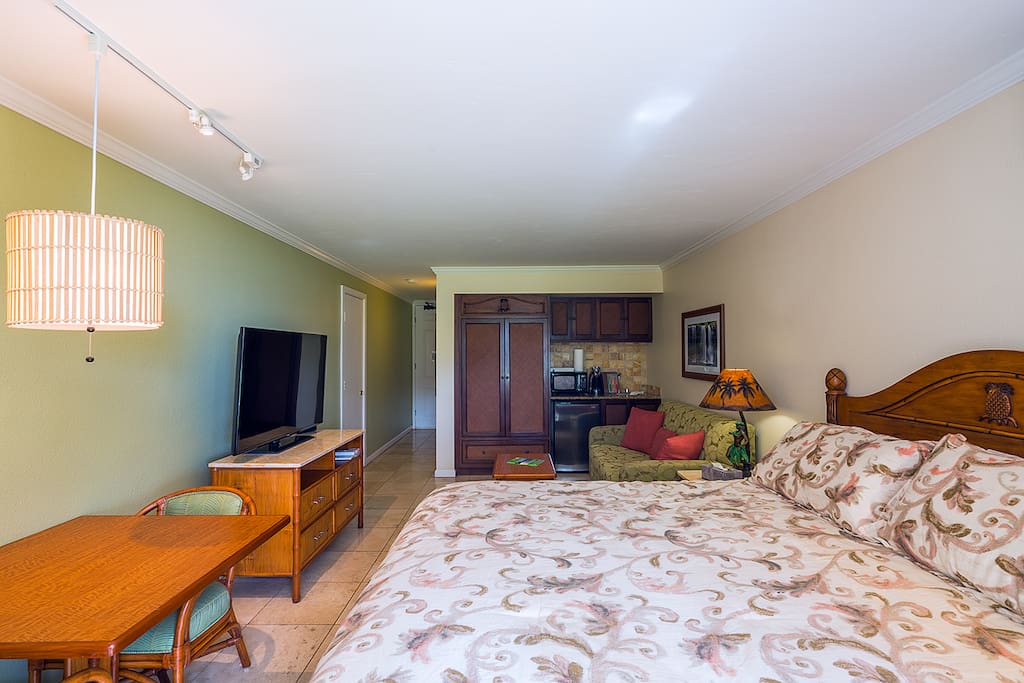 Studio with a king bed, sleeper sofa, kitchenette, TV, cable, and wifi
