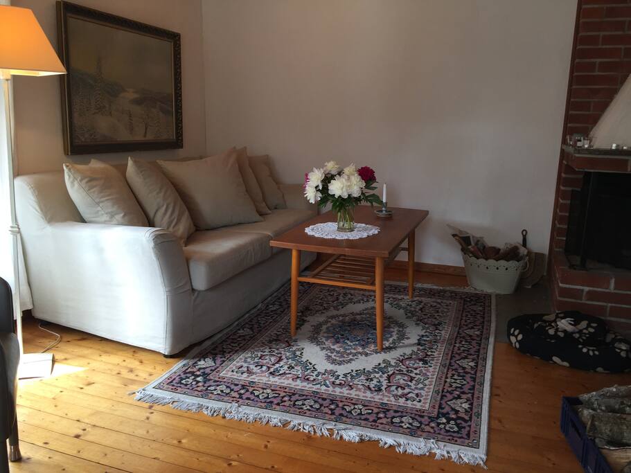 Vardagsrum med öppen spis och stor bäddsoffa