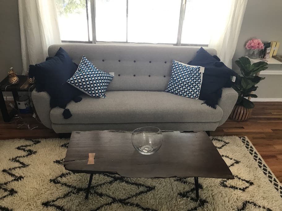 Pull out couch and stylish throw pillows