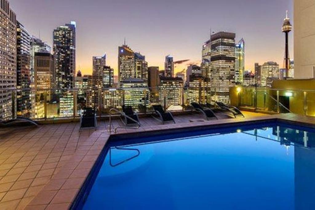 Rooftop pool at sunset
