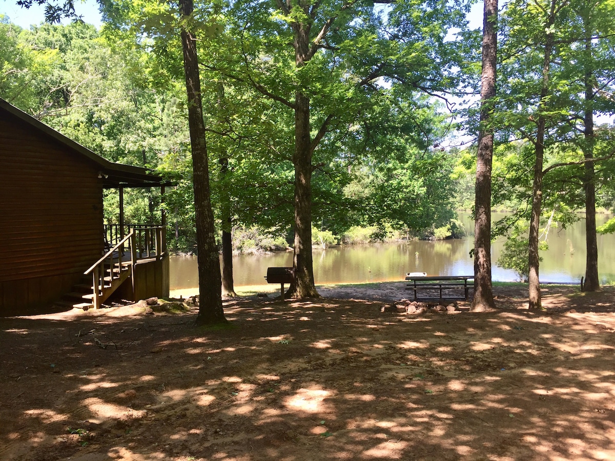 A wooden cabin is nestled among trees near a tranquil lake. Sunlight filters through the leaves, casting dappled shadows on the ground. A picnic table and a BBQ pit are positioned close to the water, providing a serene spot for outdoor gatherings.