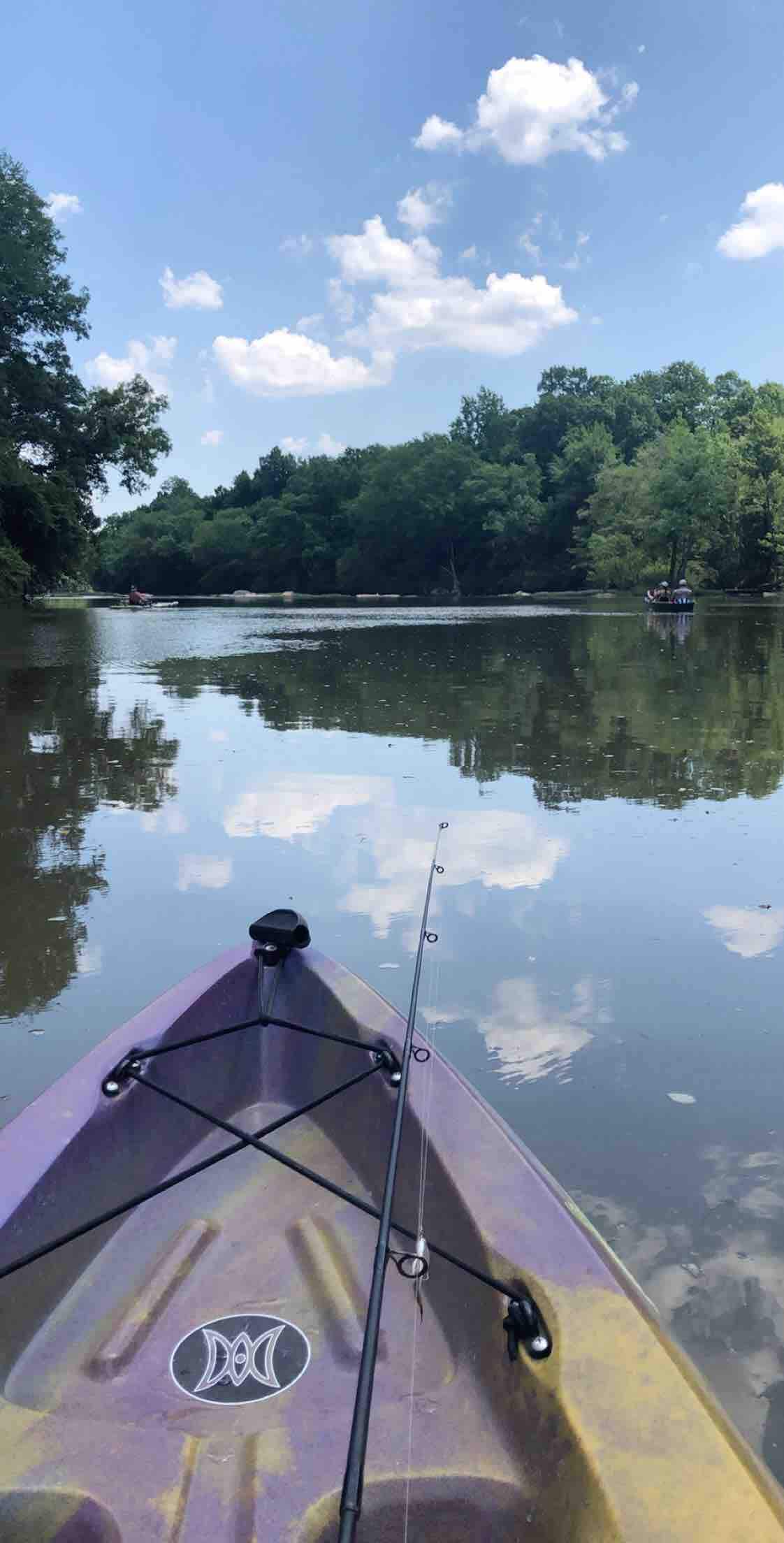 A serene waterway is captured from the perspective of a kayak. Calm waters reflect lush green trees and a partly cloudy sky. Fishing gear is visible in the foreground, indicating opportunities for angling in this tranquil setting.
