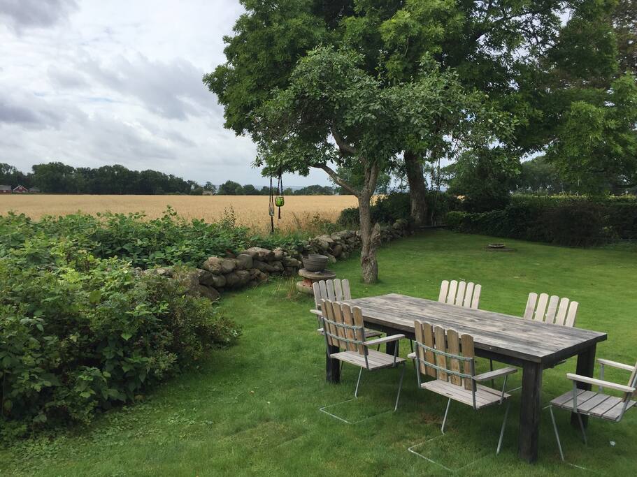 The garden with view over fields, ocean and forest.