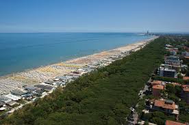 An aerial view captures a wide stretch of sandy beach lined with colorful umbrellas and sunbeds. The blue sea meets the horizon, while a dense green area of trees borders the beach, creating a contrast with the urban structures seen in the distance.