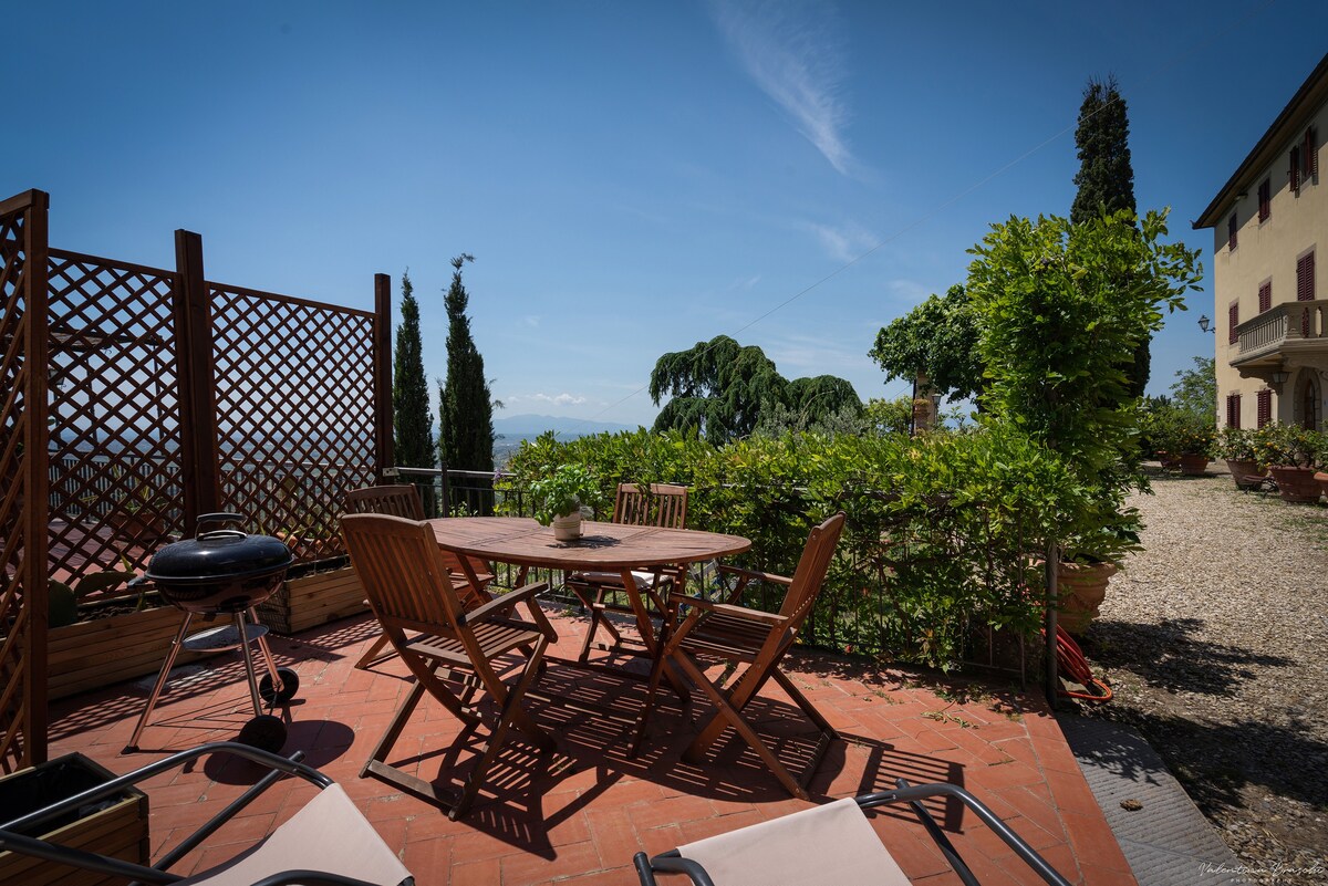 An outdoor terrace features a round wooden table surrounded by four wooden chairs. A barbecue grill is positioned nearby, with green bushes providing privacy. A panoramic view is visible in the background, framed by the foliage of trees and bright blue sky.