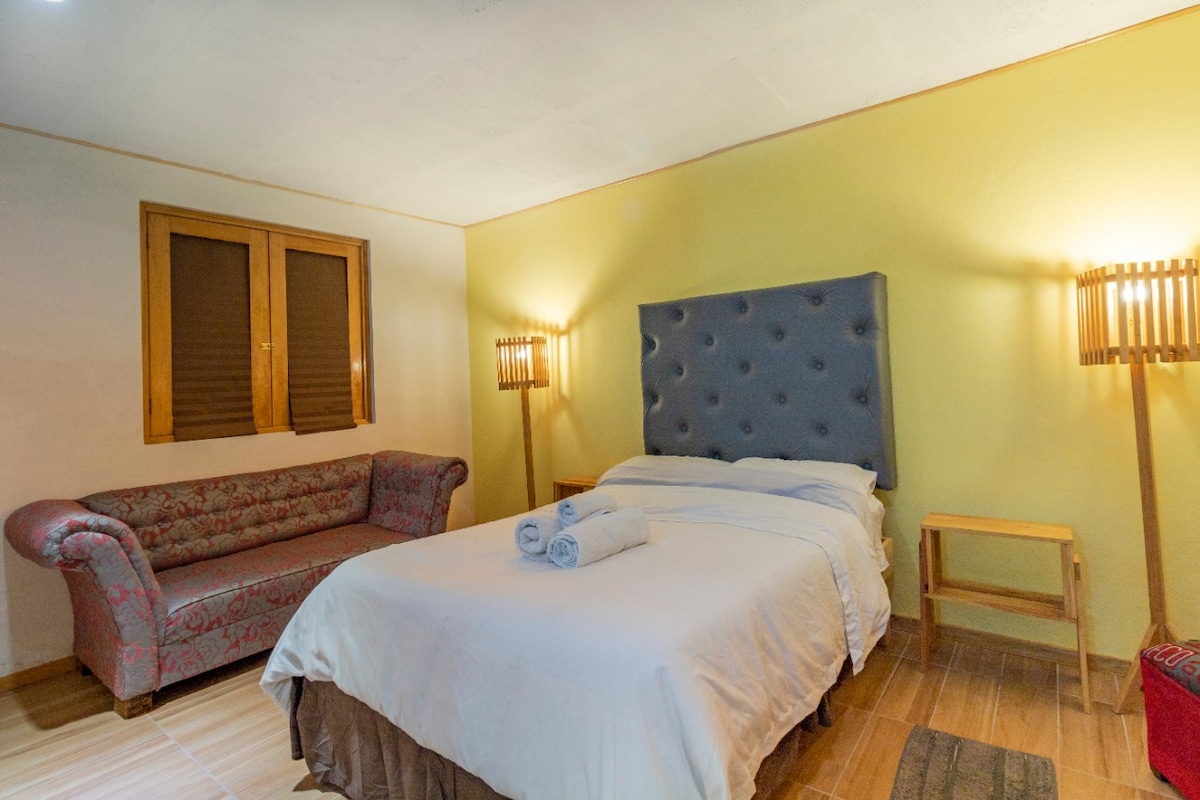 A cozy suite features a spacious bed with a gray upholstered headboard, complemented by two reading lamps on either side. A plush sofa sits in the corner, and natural light enters through two wooden frame windows with brown shutters.