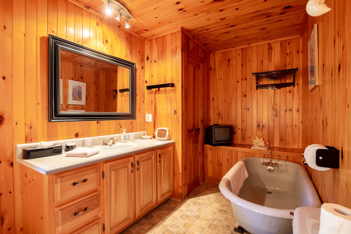 A wooden-paneled bathroom features a spacious vanity with multiple storage drawers. A vintage-style freestanding tub sits prominently in the corner, while a black-framed mirror hangs above the sink. A small television and decorative items add to the rustic charm.