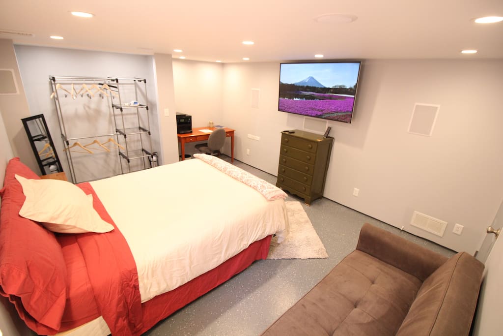 Full view of bedroom with closet/storage area in the back left.