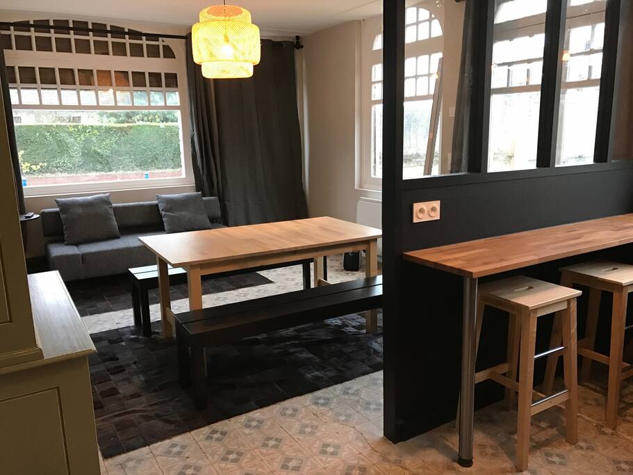 Pièce de vie lumineuse avec canapé convertible, table à rallonge pouvant accueillir 8 personnes