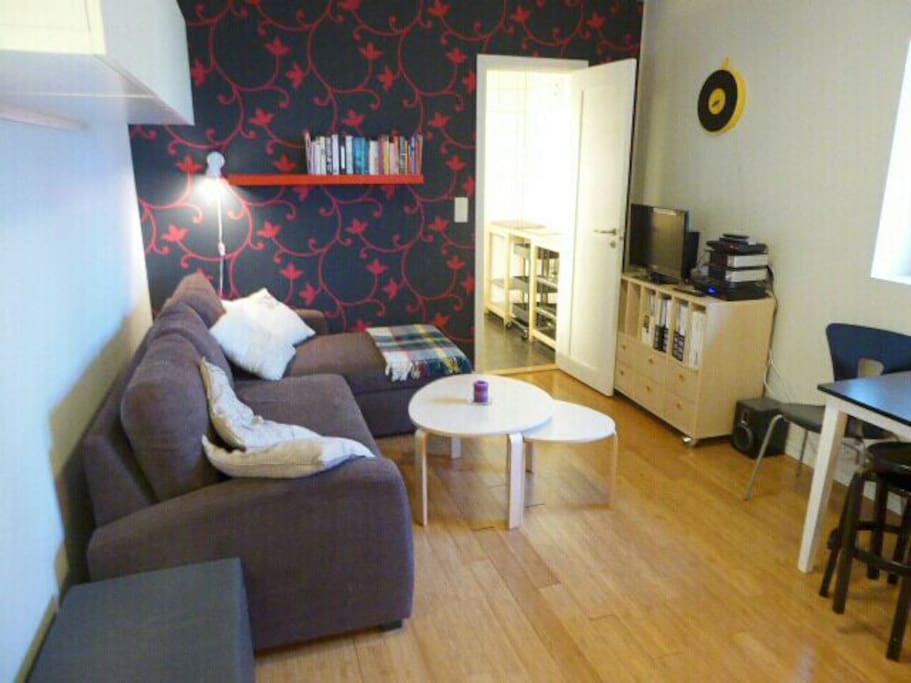 Stue med TV og sofa som kan gjøres om til seng.