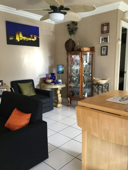 comfortable open living room & kitchen.