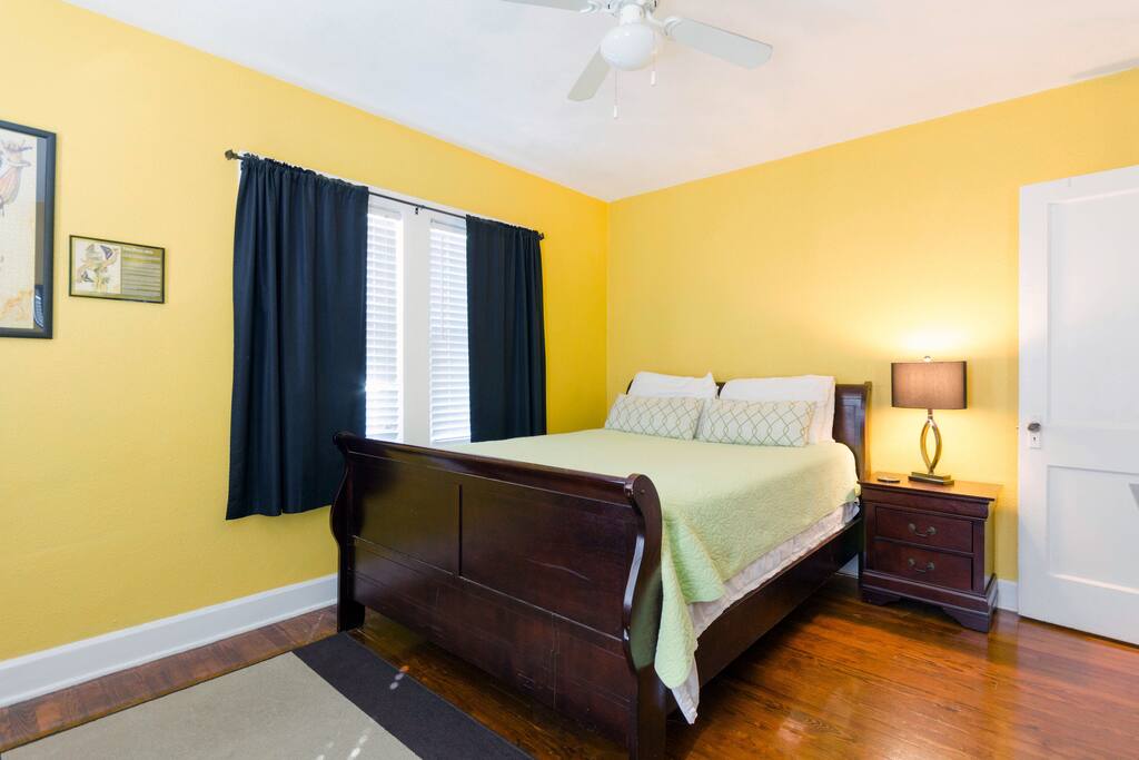 First bedroom with queen bed and closet. This bed is amazing btw!