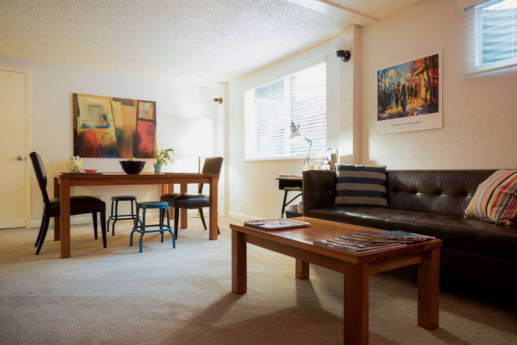 Because of the large egress windows, this basement apartment gets more light than you would expect in a basement.
