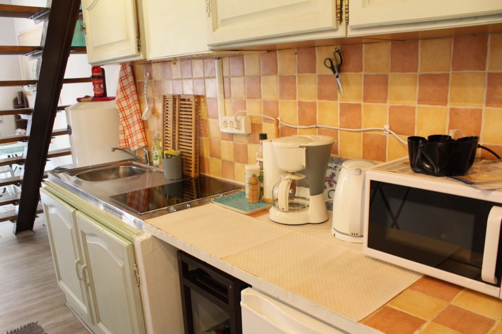 The kitchenette with its basic conveniences: two modern ceramic hobs, a water boiler, a coffee maker, a microwave oven and a refrigerator (including a small freezer compartment). Olive oil, sel and pepper provided, as well as some kitchen roll.