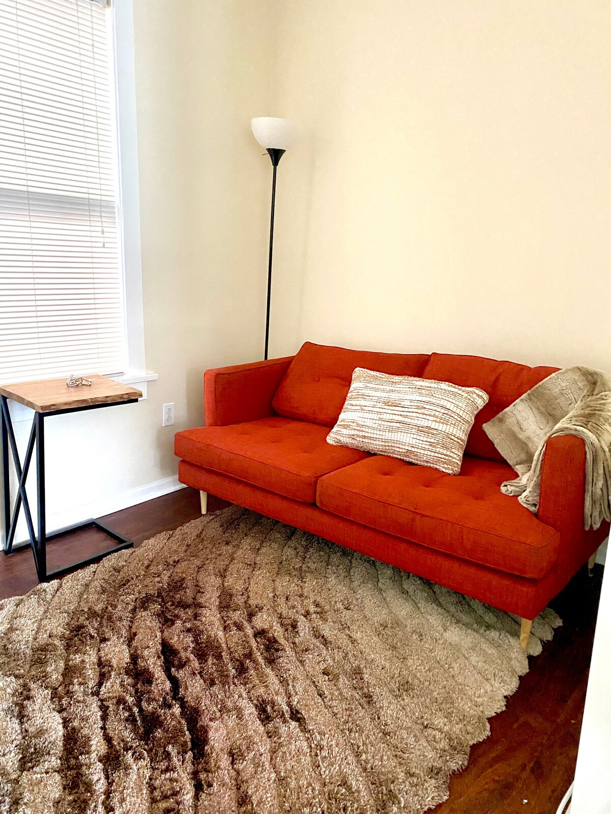A bright corner features a plush, orange sofa accompanied by a textured throw pillow. A small side table stands nearby, illuminated by a floor lamp. A large, soft area rug adds warmth to the hardwood floor beneath.