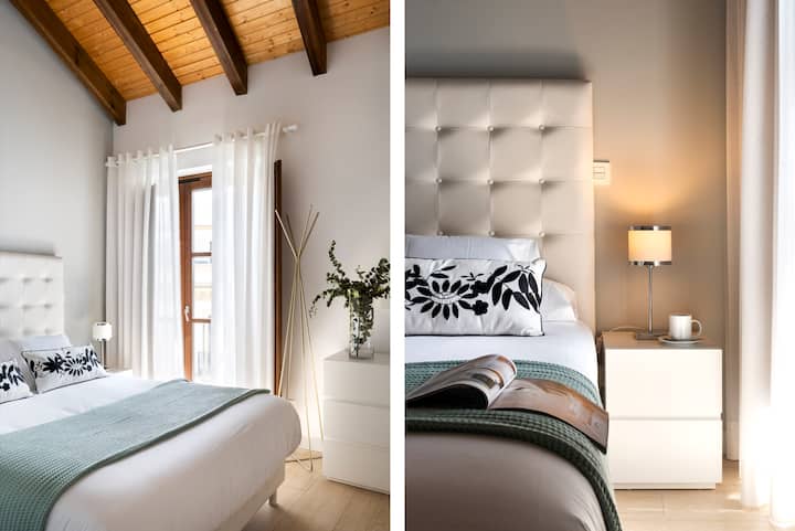 בחדר השינה יש תקרות משופעות מעץ טבעי אותנטי מהבית-ארמון מהמאה ה-17, ששוחזר במלואו. הקורות הופכות אותו לחדר מיוחד מאוד עם מרפסת המשקיפה על גני מוריו המפורסמים.  