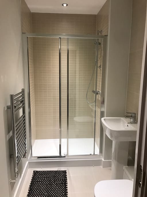 Ensuite Shower, stainless steel basin, spotlights, extractor fan, towel rail.