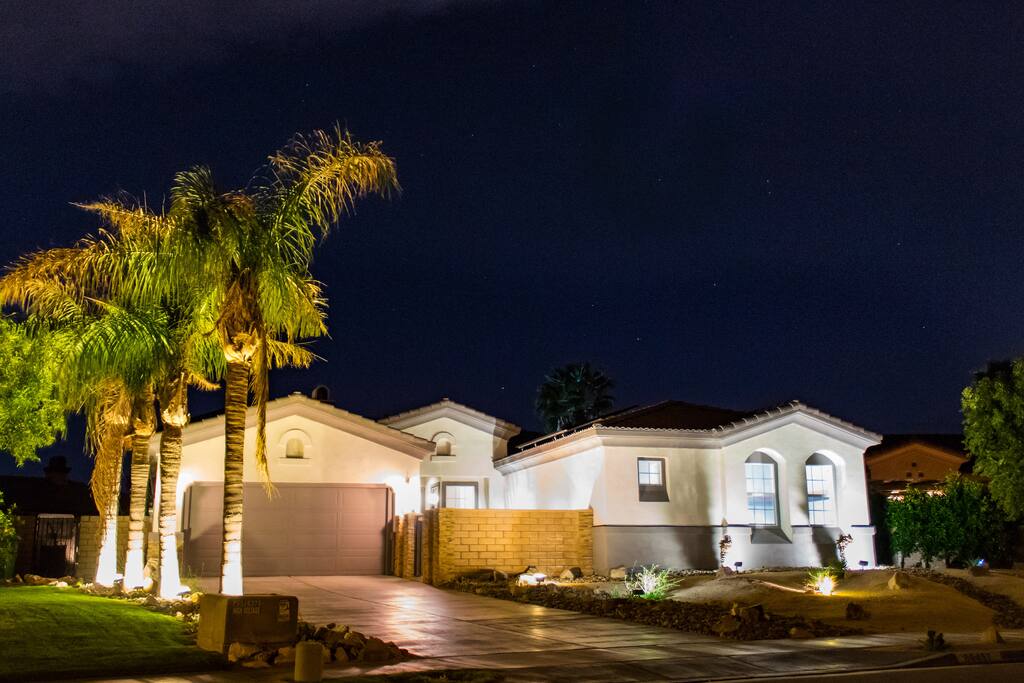 Nighttime picture of the house