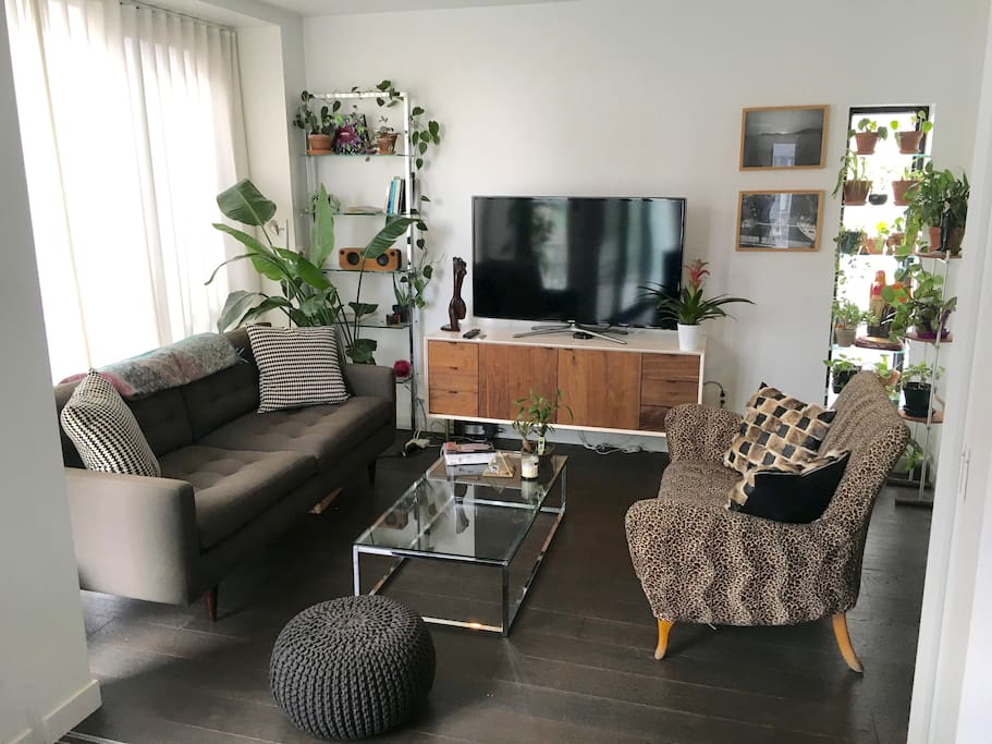 The living room has 2 sofas and a large smart TV with apple tv, netflix, hulu, and hbo.