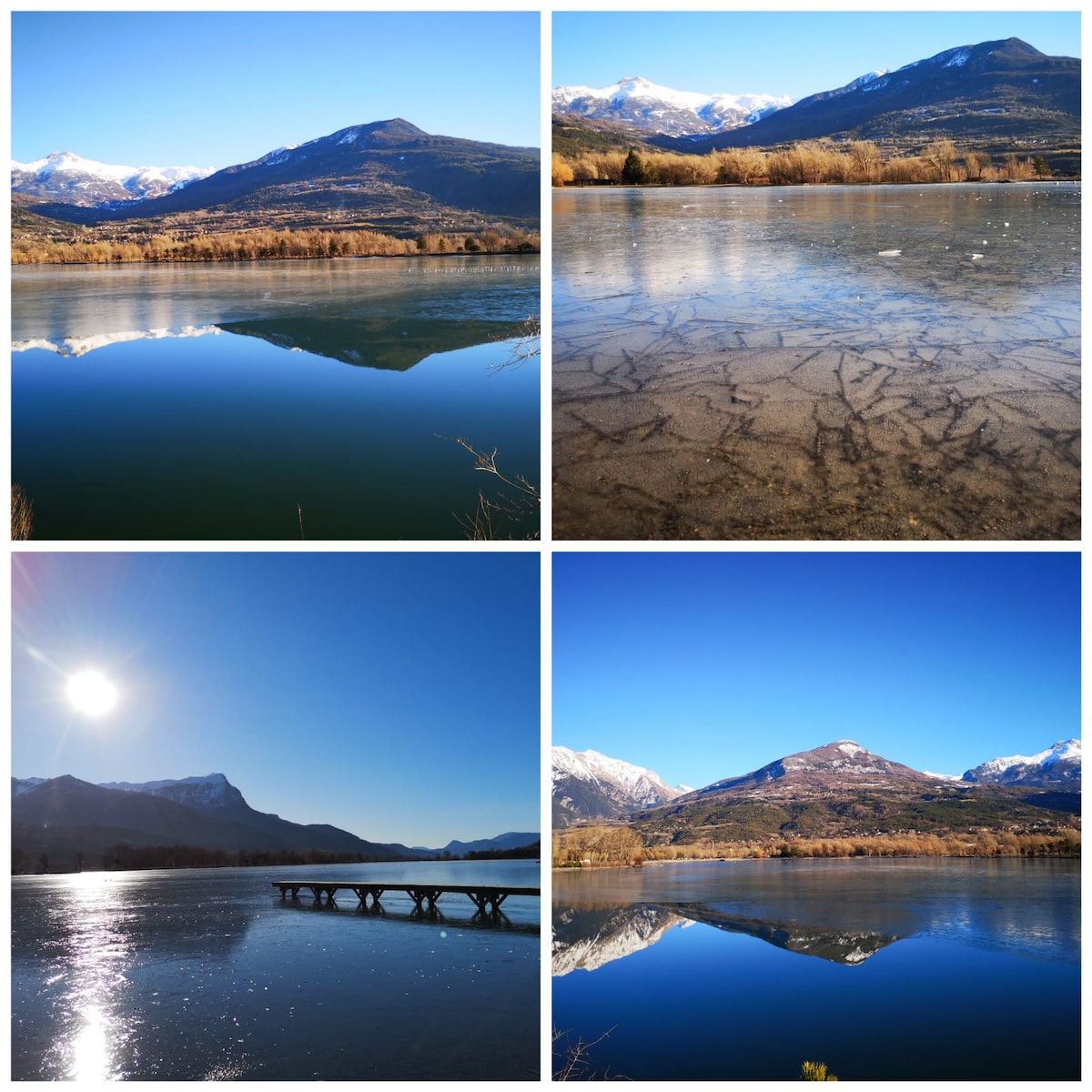 A series of four images showcase the serene beauty of the surrounding landscape. The first and third images highlight the reflective surface of the water against snow-capped mountains. The second image features cracked ice, while the fourth captures a sunlit view of a wooden bridge extending over the water.