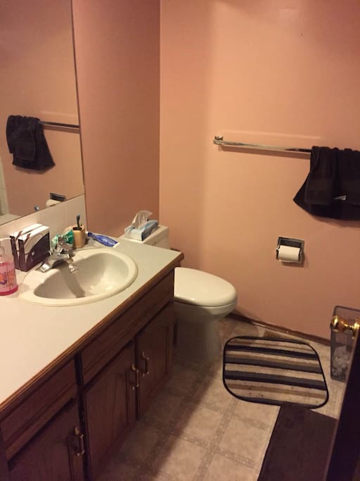 Bathroom has toilet, toilet paper, towels, face clothes, shampoo and shower!