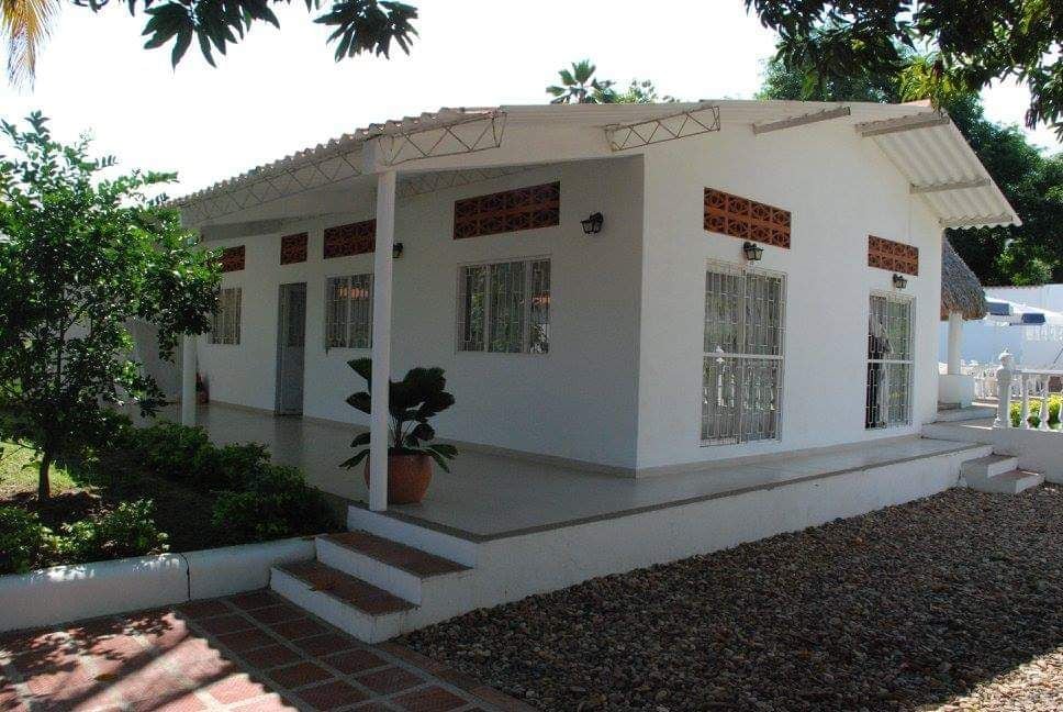 A white, single-story house is surrounded by greenery, featuring large windows that allow ample natural light. A small garden area with gravel paths leads to the home's entrance, complemented by a covered patio that invites relaxation.