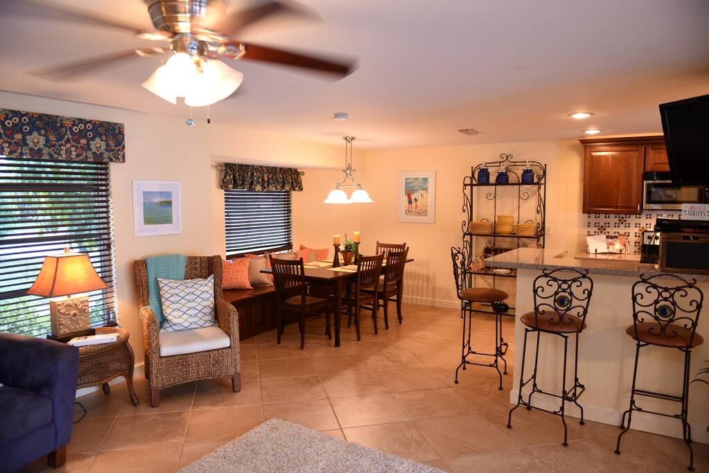 Bright and open kitchen, dining, and living space