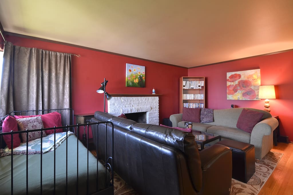 The daybed in the living room is perfect for naps, reading or sleeping one more guest. It has the same new pillow top mattress as the other beds and black out curtains for a good nights sleep.