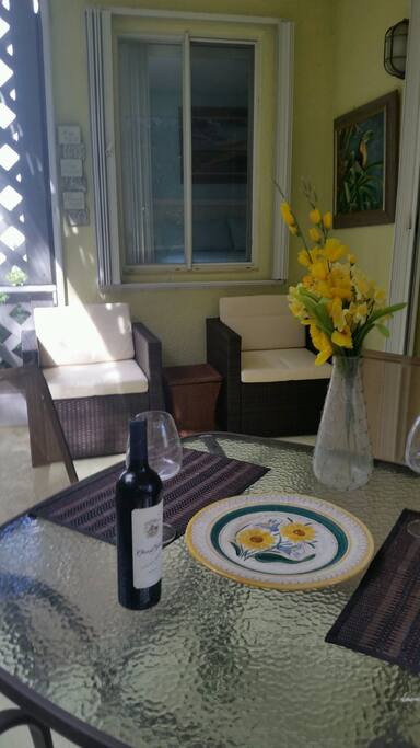 Seating area in screened in porch
