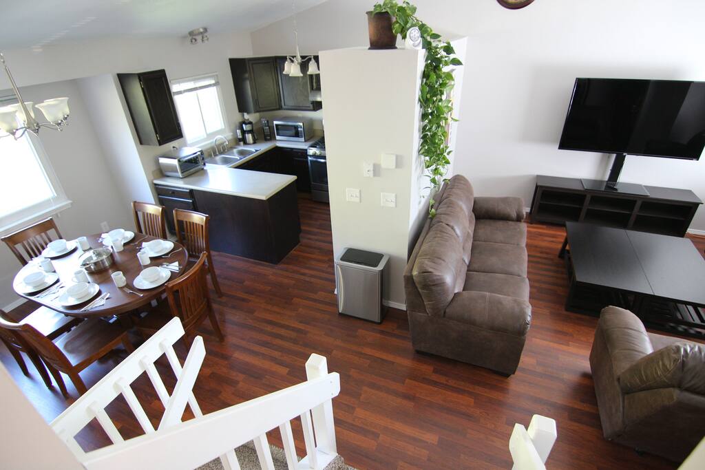 The view of the main level from the stairs to the top floor. Everything is reorganized and remodeled to serve the guests in this house