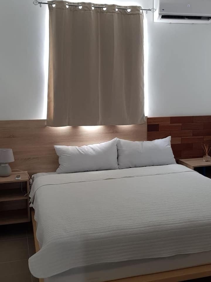 Dhomë gjumi kryesore me një krevat dopio "king", banjë private dhe televizor 