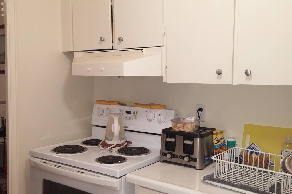 Fully equipped kitchen with microwave, fridge and all the needed items