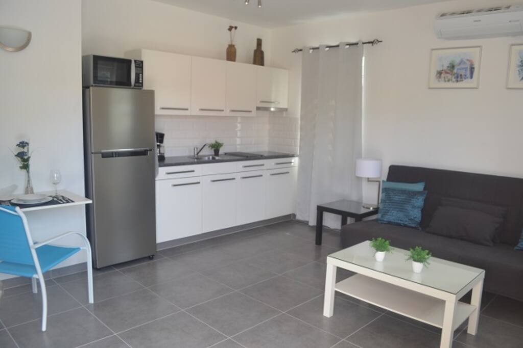 The living room and kitchen seen from the front entrance.
