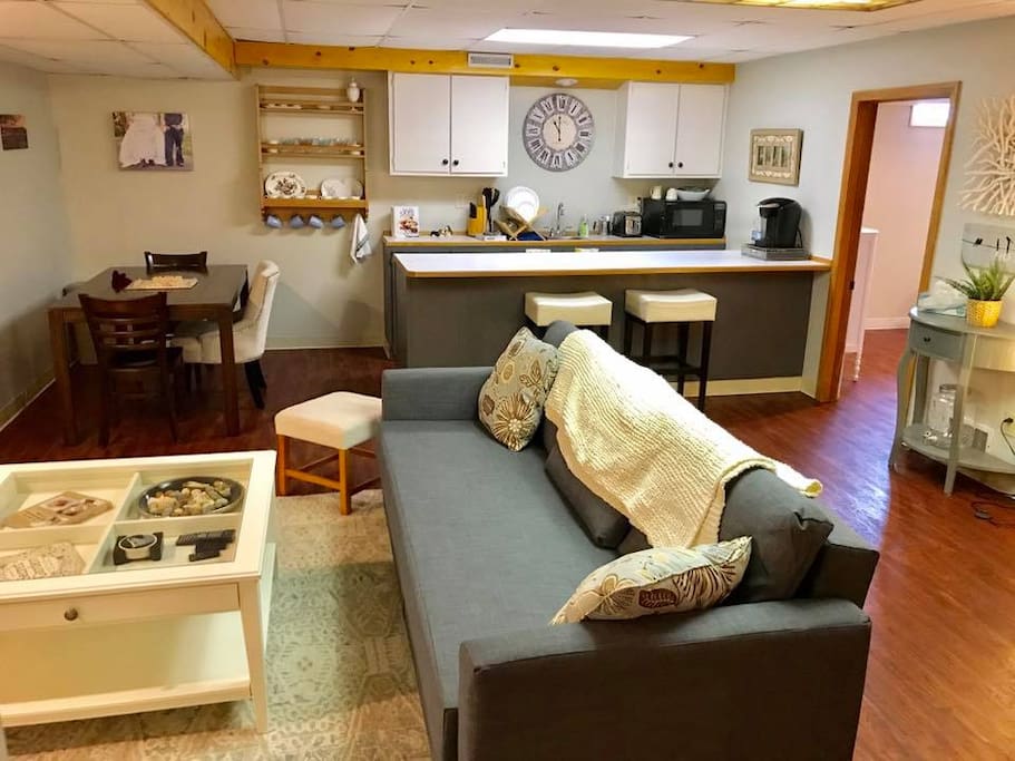 living room into kitchen