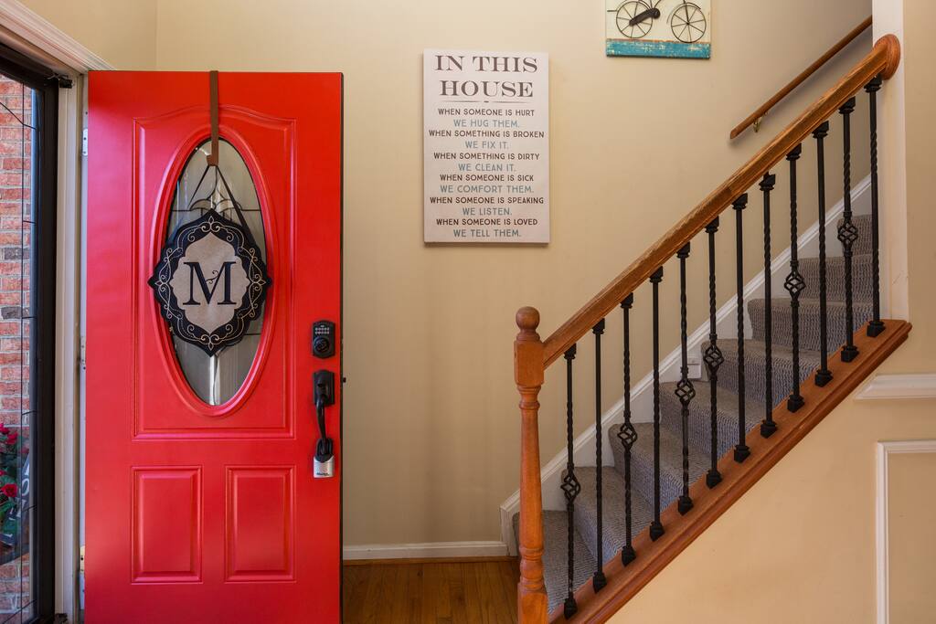 The keyless door lock makes check-in a seamless process. Your personal door code along with check-in instructions will be provided once your reservation is confirmed. Just up the stairs guests will find the bedrooms and a full bath. The motion sensored nightlights lining the steps and throughout the house make night navigation safer and easier.