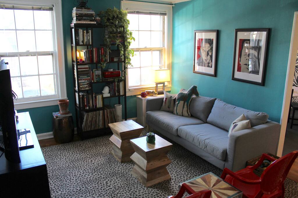 Living room: Sofa is comfortable for a third person to sleep. Linens, pillows, and comforter provided.