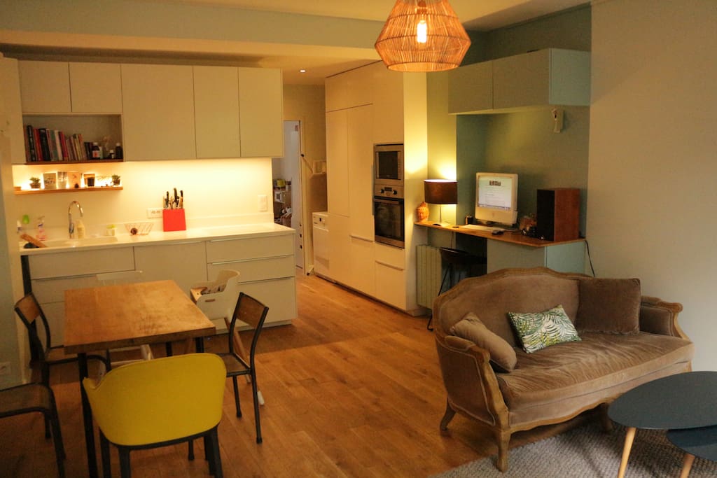 Kitchen equipped with dishwasher, fridge-freezer, microwave, oven, and induction plates.