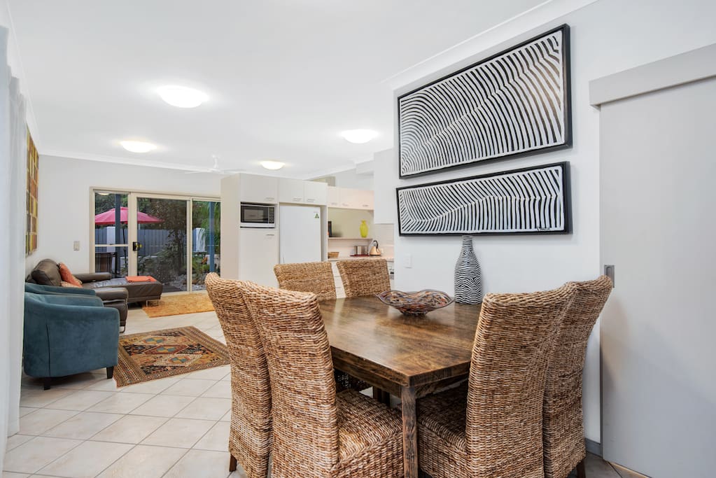 Open style kitchen, dining & lounge area overlooking the Japanese gardens & ponds